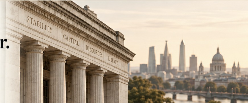 Institutional financial architecture overlooking a city skyline